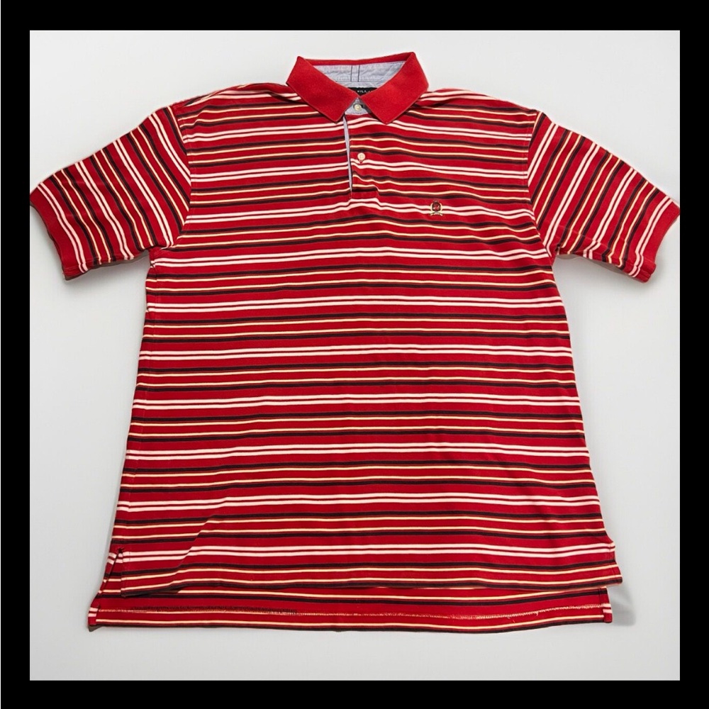 Mens XL Tommy Hilfiger Polo Knit Short Sleeve Shirt Red Blue Stripes
